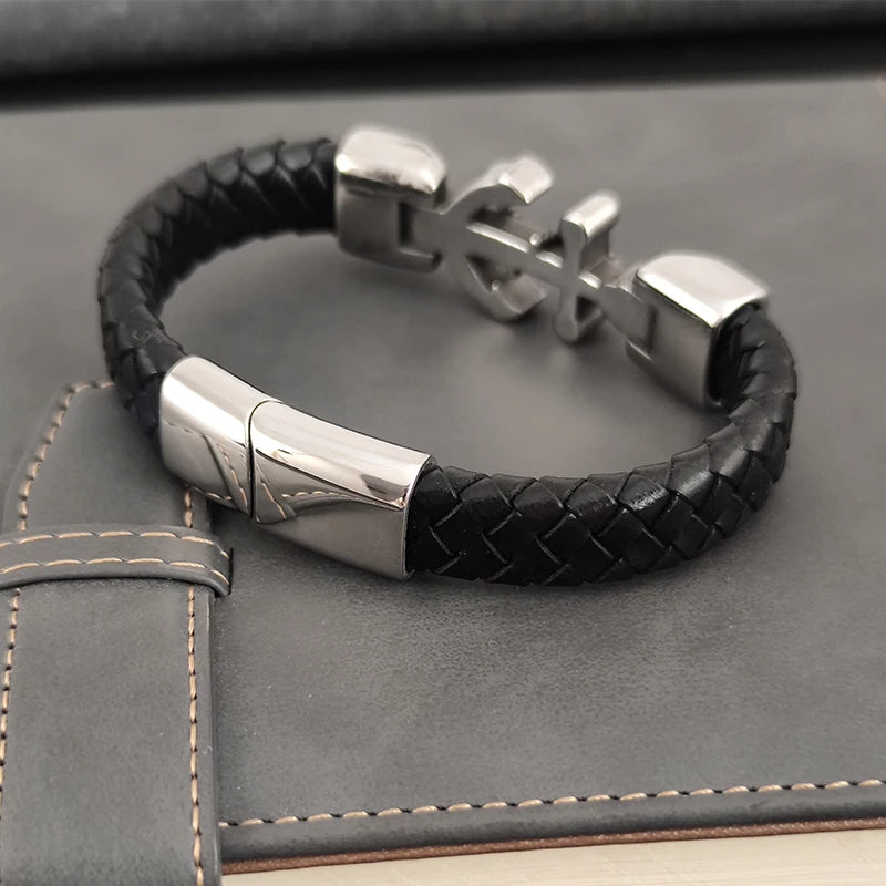 Pulseira Nautical Anchor em Couro Trançado e Aço  – O Ícone da Coleção Mar e Vida