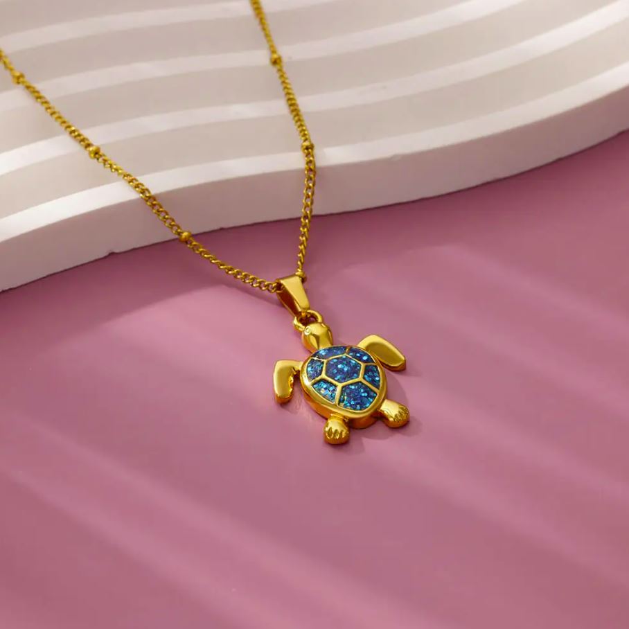 Colar de Senhora com Pingente de Tartaruga Azul em Aço Inoxidável