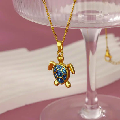 Colar de Senhora com Pingente de Tartaruga Azul em Aço Inoxidável