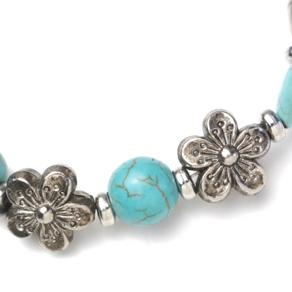 Bracelet pour femme, pierre turquoise et fleurs sauvages