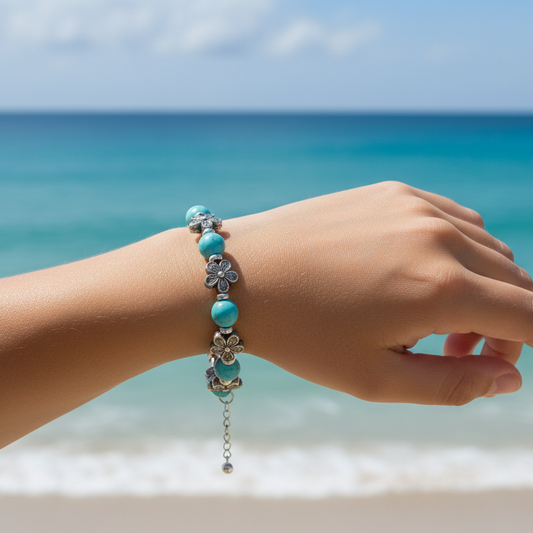 Pulseira de Senhora, Pedra Turquesa com Flores Silvestres