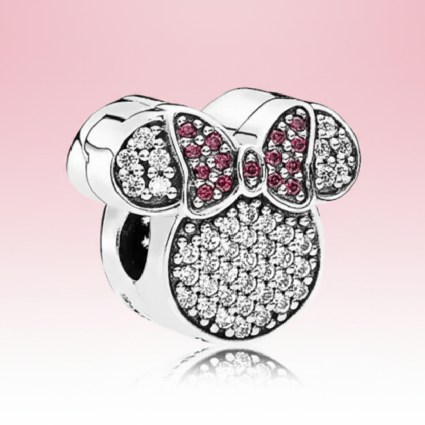 Conta em Prata 925, Charm Clip Pavé de Orelhas e Laço da Minnie Mouse