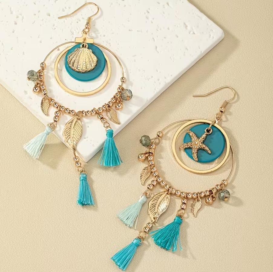 Brincos Boho Mermaid – Concha, Estrela-do-Mar e Tassels