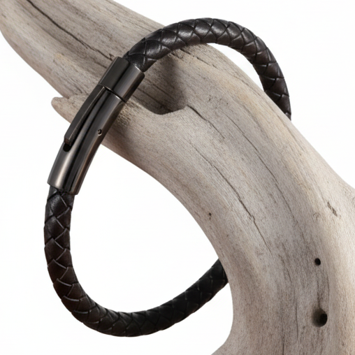 Pulseira de Couro Trançado & Aço Inox – Resistência para o Dia a Dia