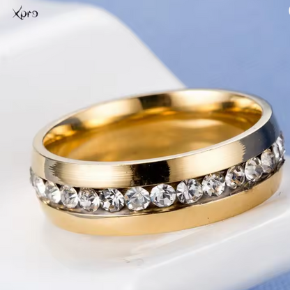 Anel de Senhora Laminado a Ouro com Zircónias - Aço Inoxidável