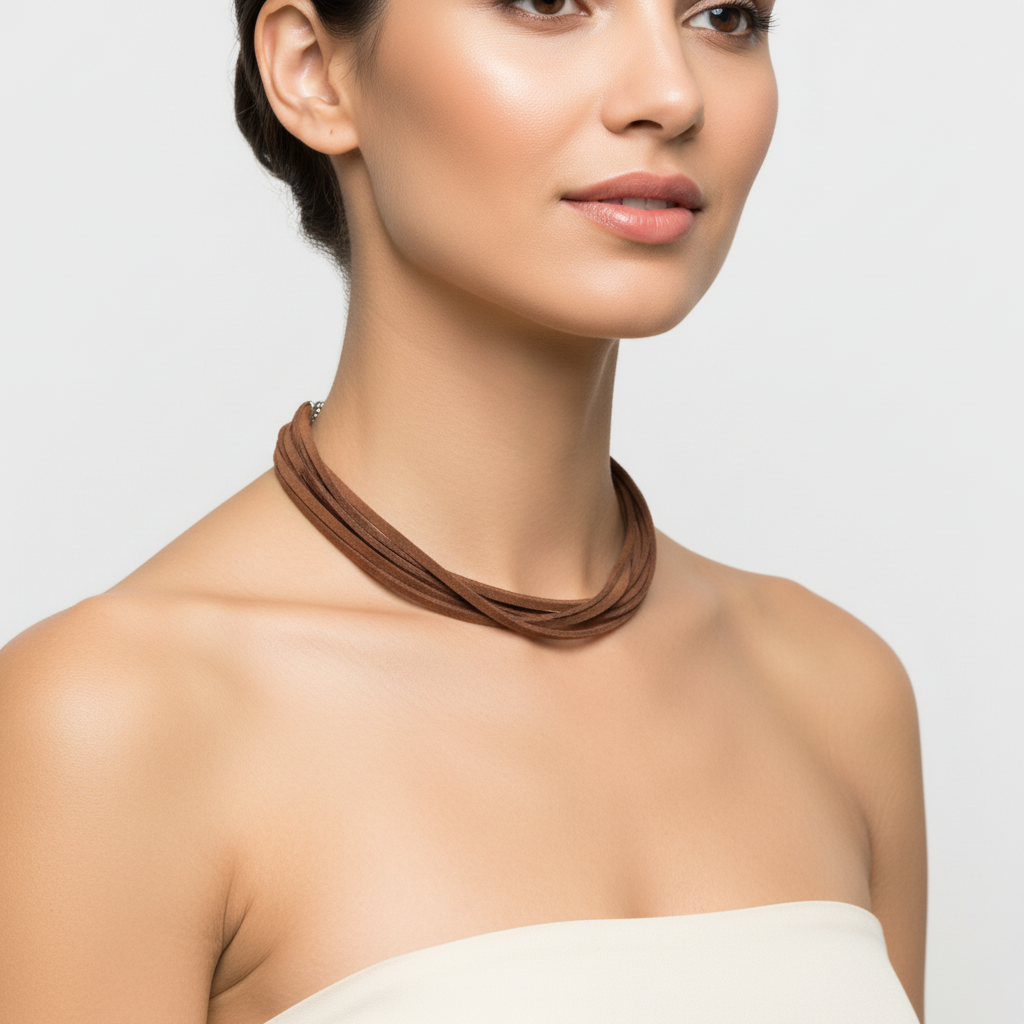Tour de cou 6 fils pour femme en cuir marron