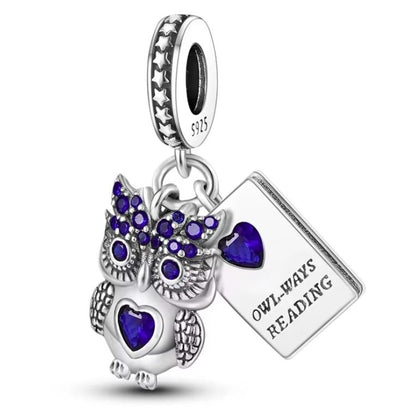 Conta em Prata 925, Coruja Lendo com Zircónias Azuis