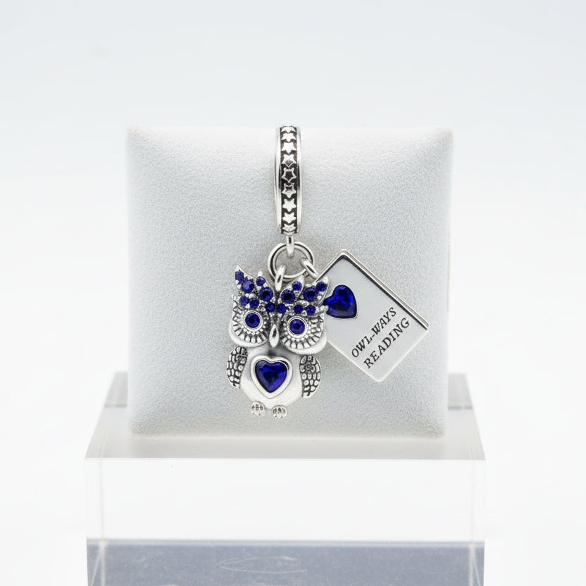 Conta em Prata 925, Coruja Lendo com Zircónias Azuis
