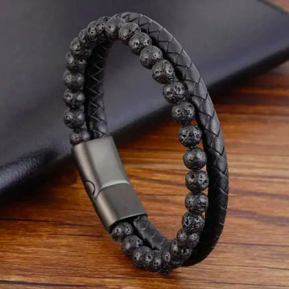 Pulseira Vulcan Deep Black – Pedra Vulcânica & Couro Trançado