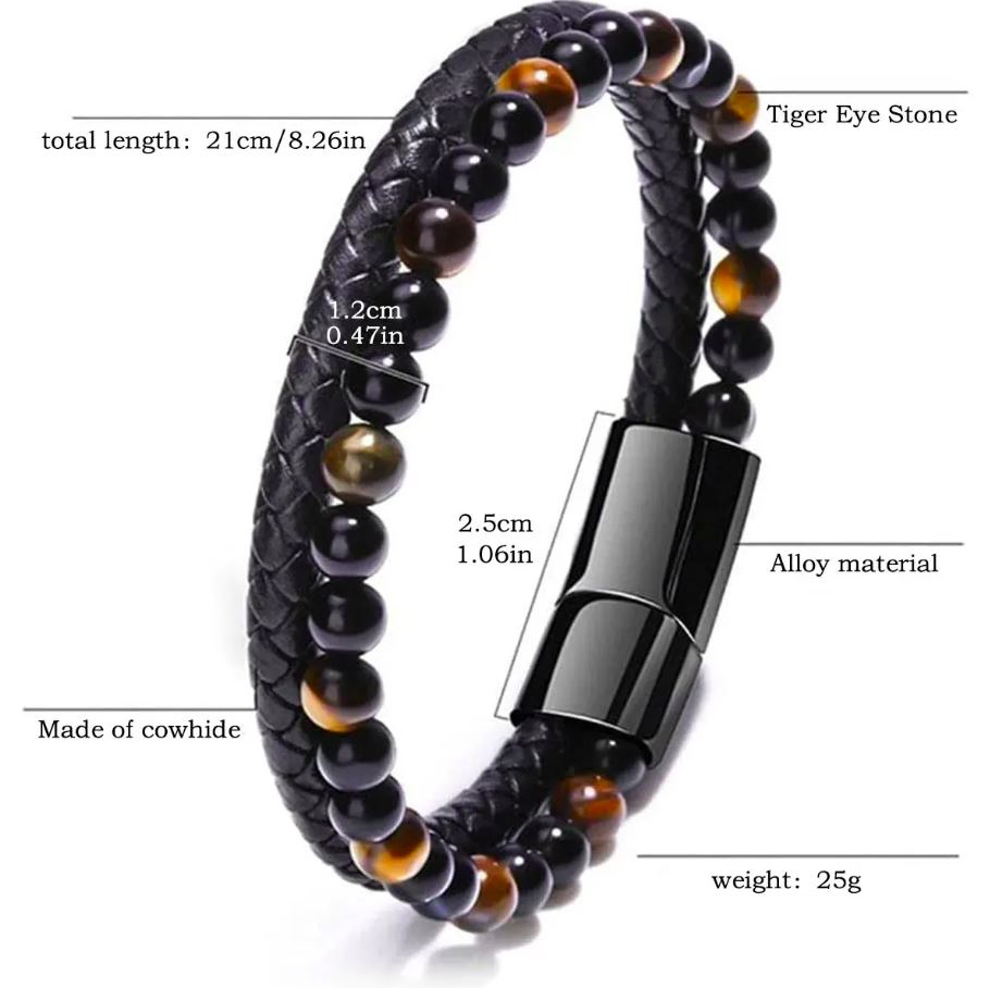 Pulseira de Homem em Aço Inoxidável com Pedras Vulcânicas