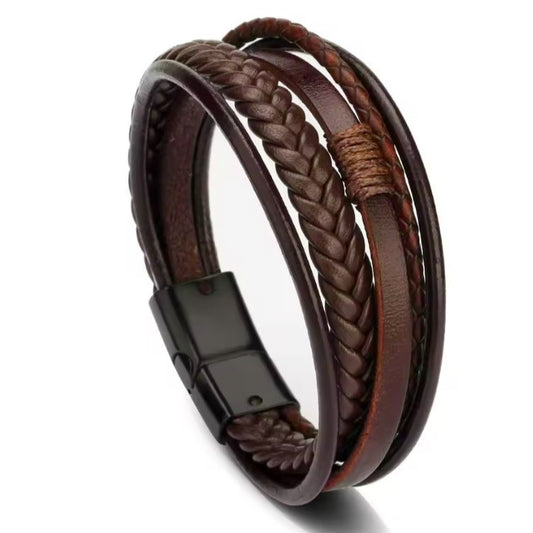 Pulseira de Homem em Couro Castanho e Alumínio