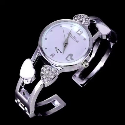 Relógio de Senhora com Pulseira Ajustável em Aço Inoxidável, Coração Prateado