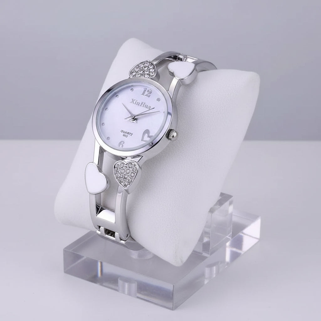 Relógio de Senhora com Pulseira Ajustável em Aço Inoxidável, Coração Prateado